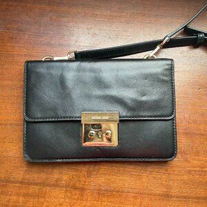 Michael Kors Black Leather Accordion Crossbody Bag Gold Tone Lock